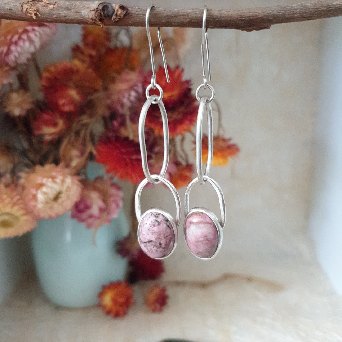 Long Silver Earrings with pink Rhodonite