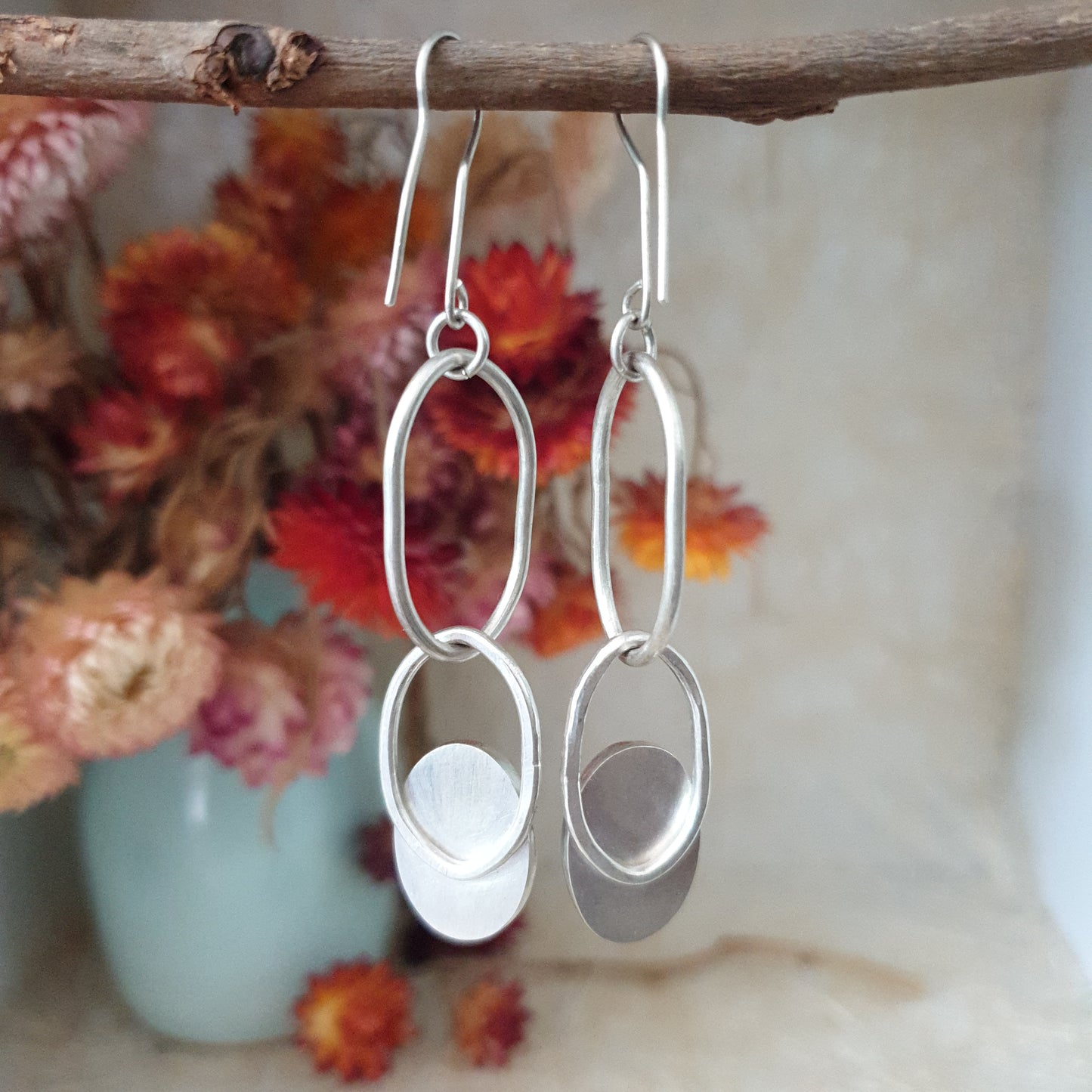 Long Silver Earrings with pink Rhodonite