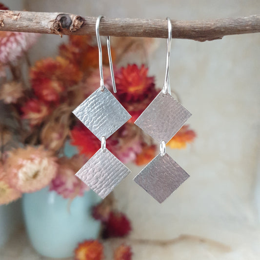 Silver square drop earrings/vintage lace imprint