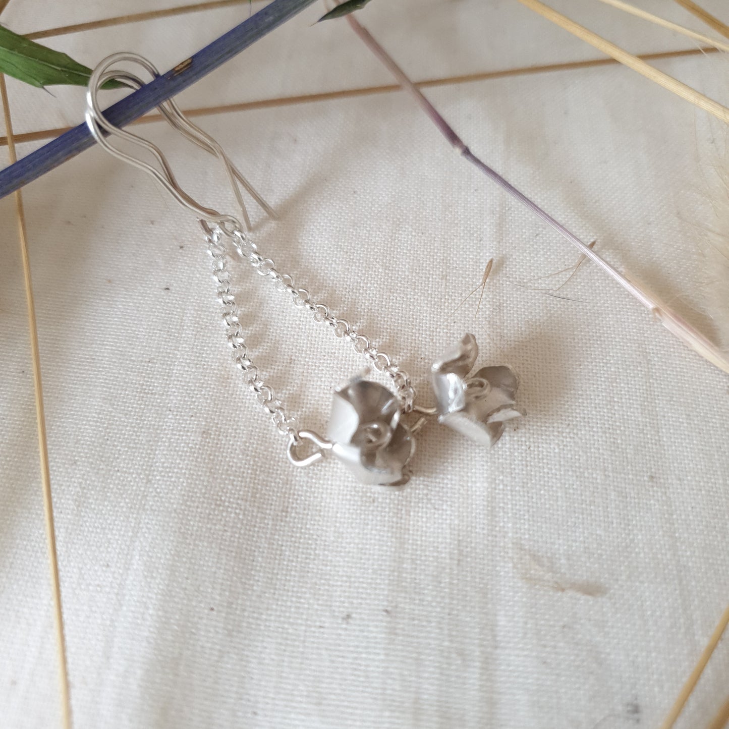 Flower drop earrings with silver chain