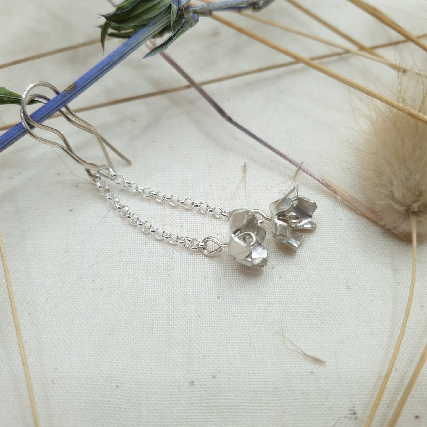 Flower drop earrings with silver chain