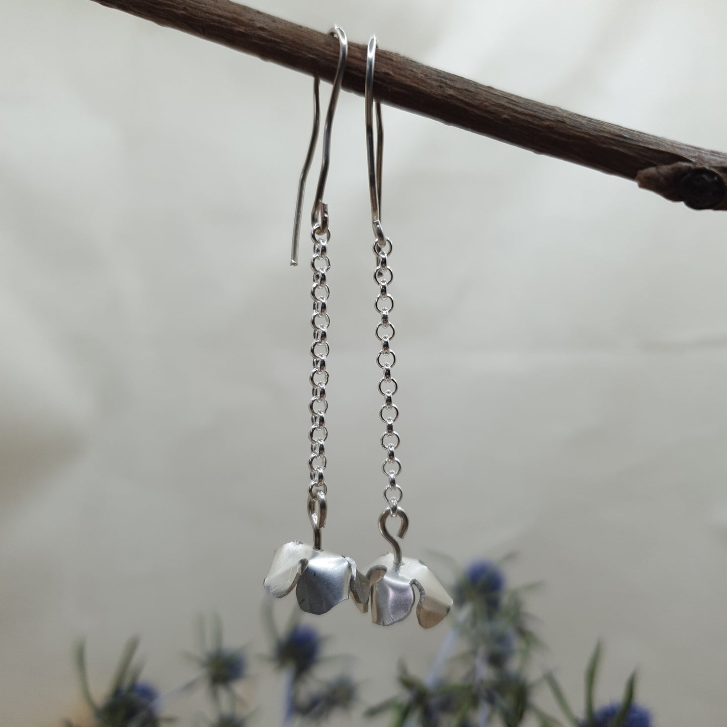 Flower drop earrings with silver chain