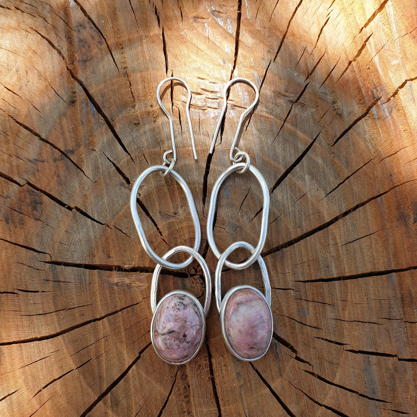 Long Silver Earrings with pink Rhodonite