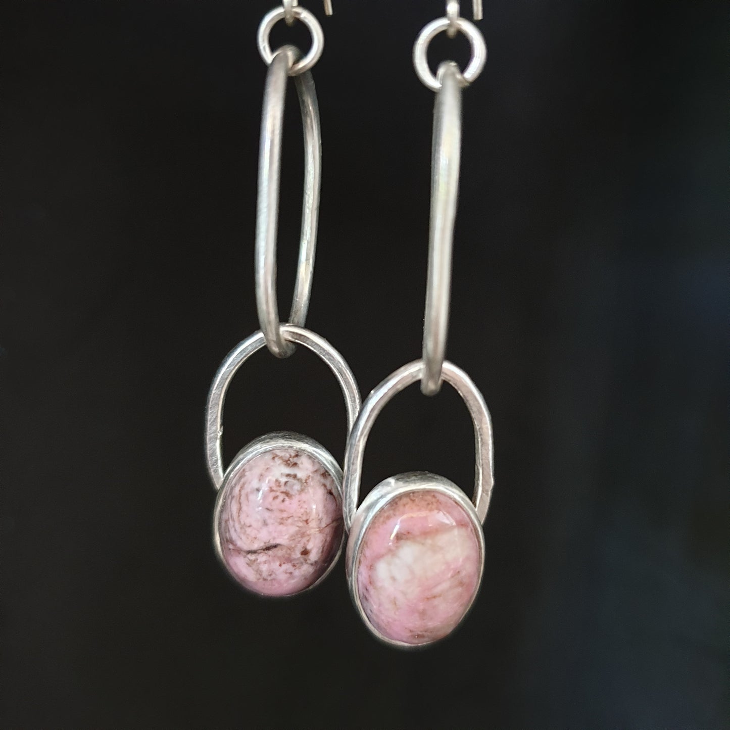 Long Silver Earrings with pink Rhodonite