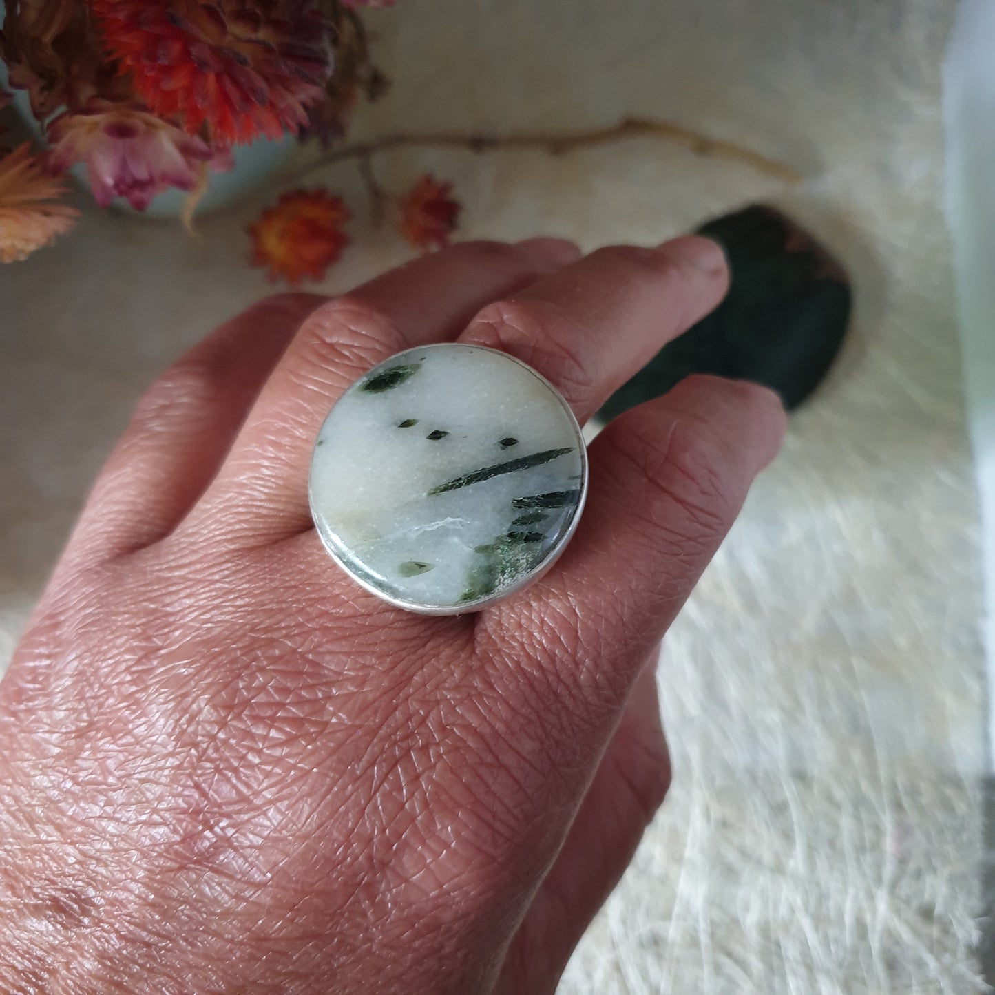 Green Tourmaline and Quartz Sterling Silver Ring